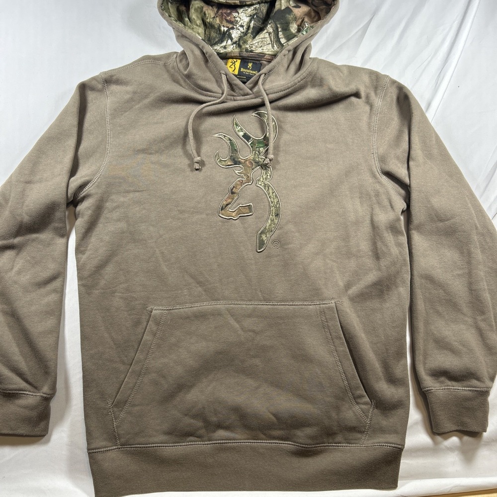 Browning Casual Sportswear Men's Medium Hoodie Camo Logo Brown Cotton Blend